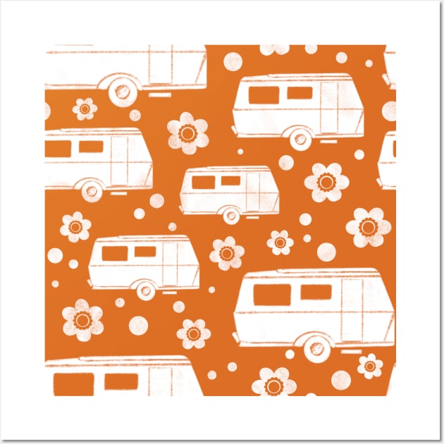 Vintage Caravan block print in orange and white Wall Art by NattyDesigns